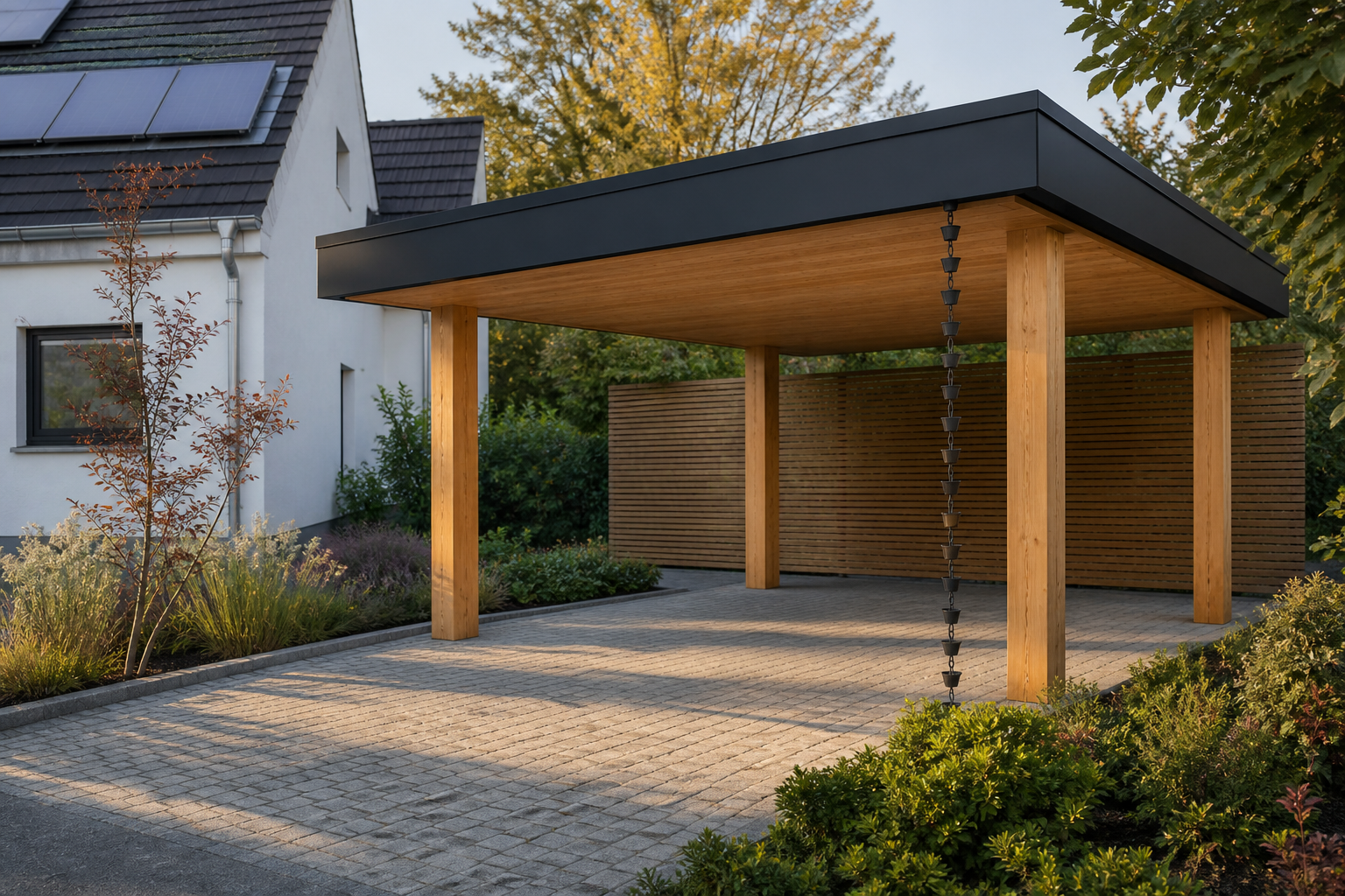 Modernes freistehendes Carport aus Holz und Metall an einem Wohnhaus