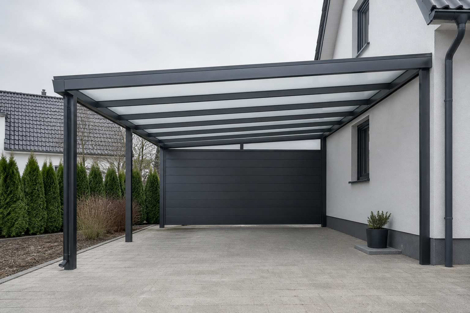 Illustrative Darstellung zum Ratgeberthema Alu-Carport planen: Profile, Beschichtung und Dachanschlüsse