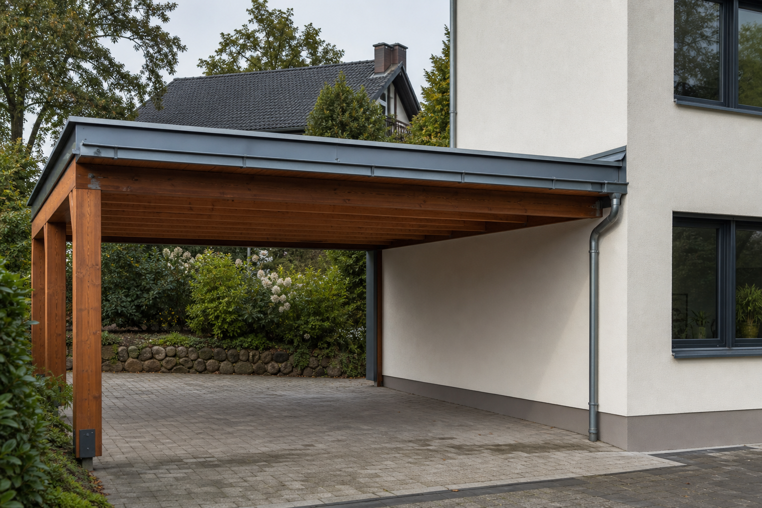 Illustrative Darstellung zum Ratgeberthema Anbaucarport am Haus: Anschluss und Entwässerung planen