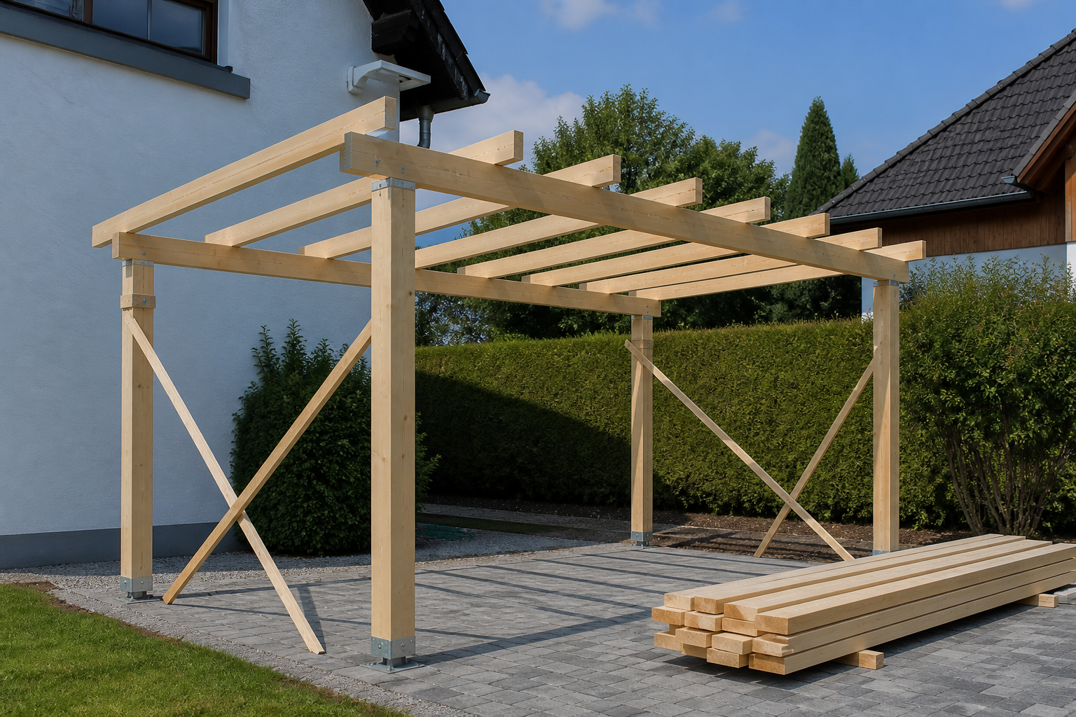 Illustrative Darstellung zum Ratgeberthema Carport aufbauen: Baustelle, Reihenfolge und Abnahme