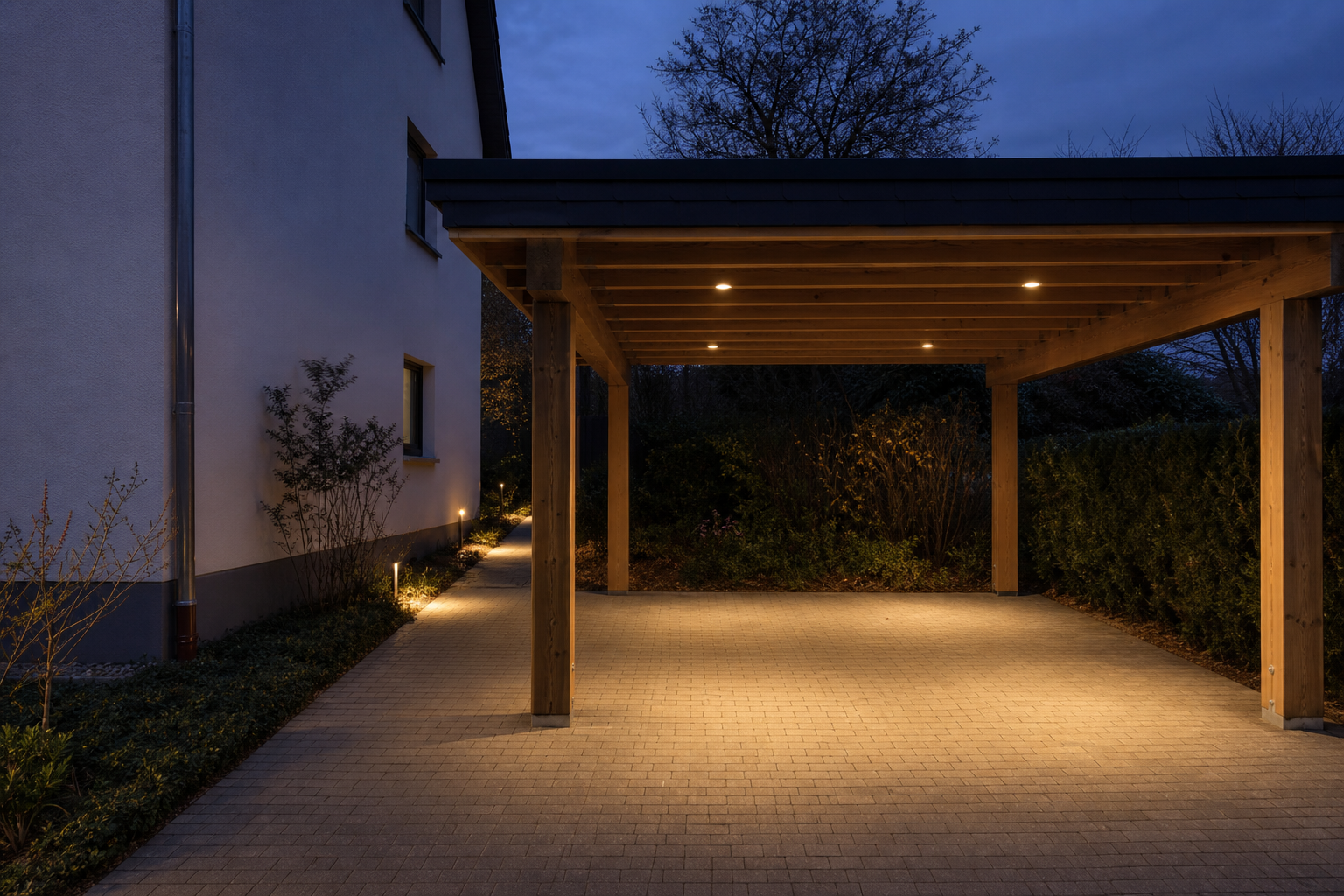 Illustrative Darstellung zum Ratgeberthema Carport-Beleuchtung planen: Wege, Schaltung und Montage