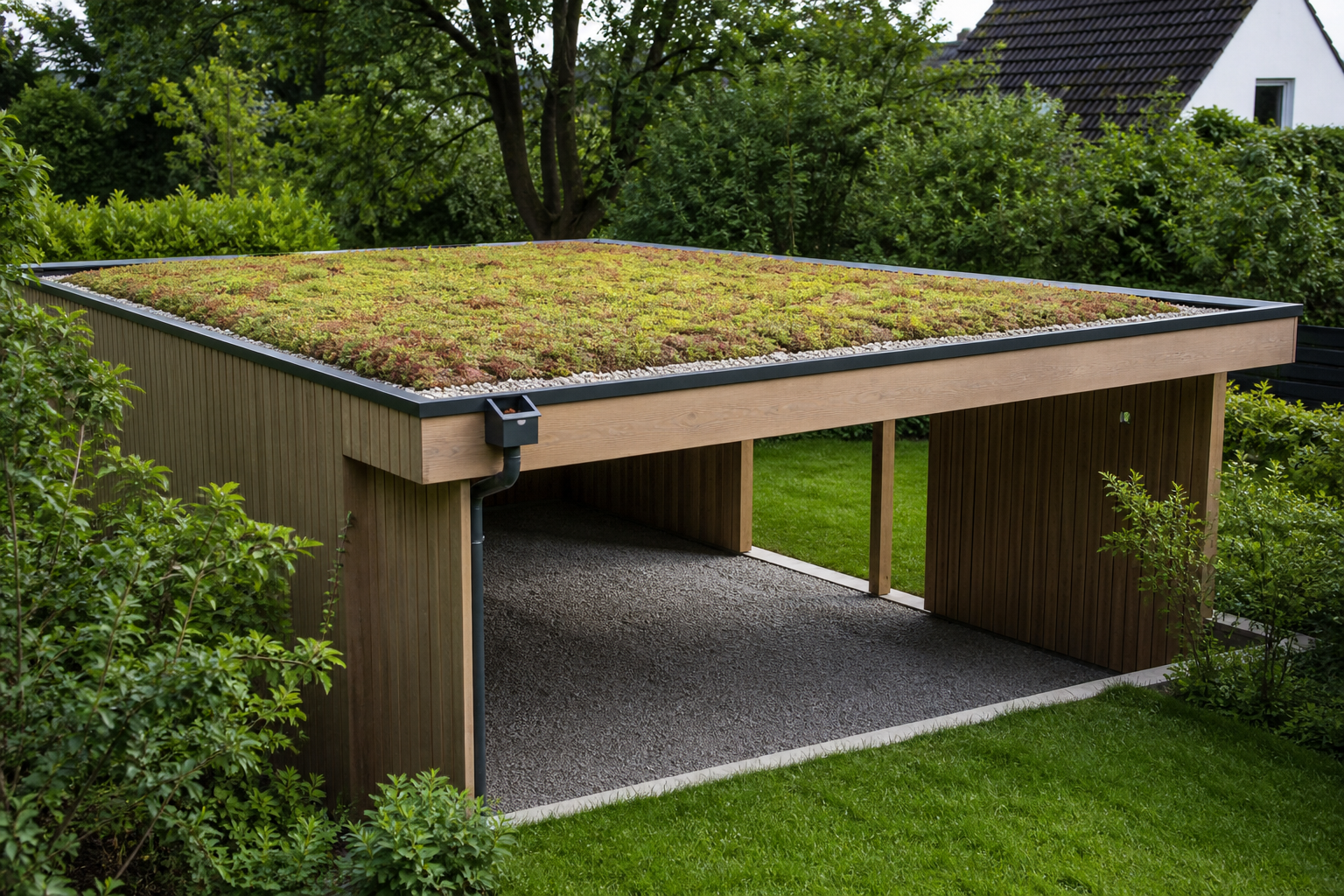 Illustrative Darstellung zum Ratgeberthema Carport-Dach begrünen: Traglast, Wasser und Pflege planen