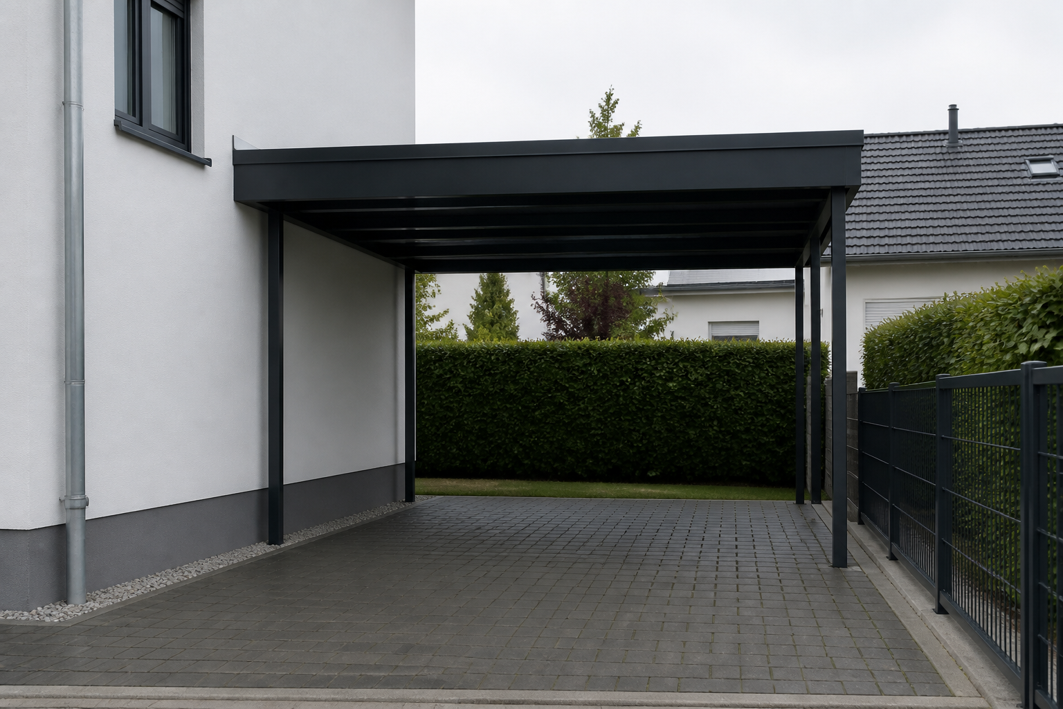 Illustrative Darstellung zum Ratgeberthema Carport an der Grundstücksgrenze: Regeln örtlich prüfen