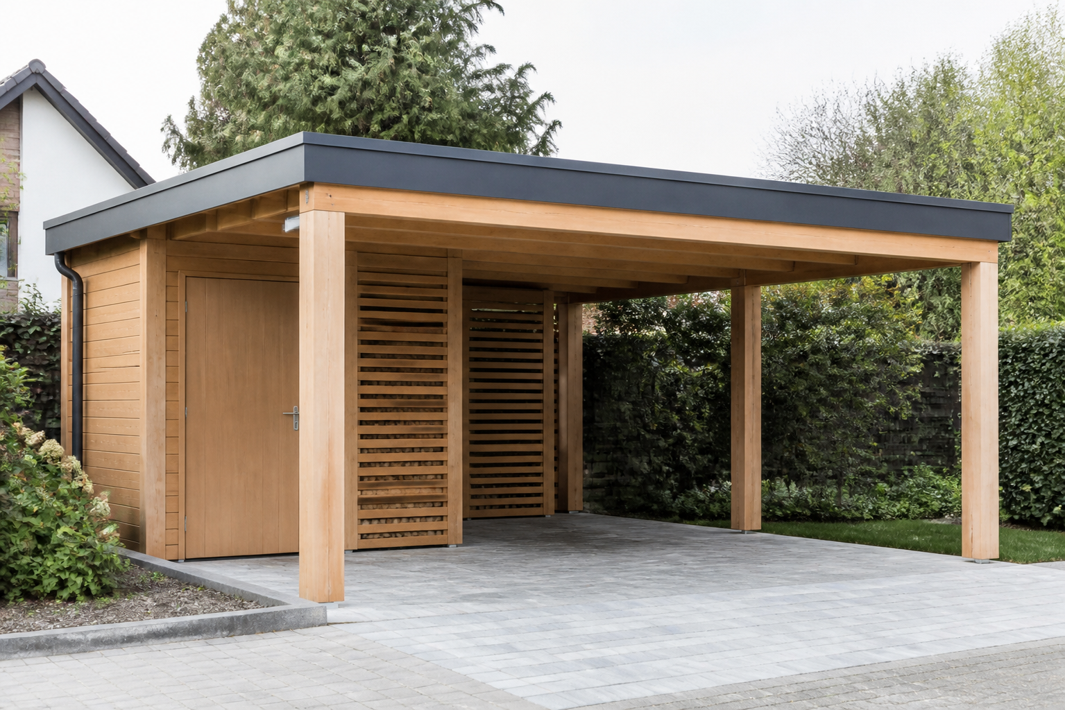 Illustrative Darstellung zum Ratgeberthema Carport mit Abstellraum: Fläche, Zugang und Wetterseite