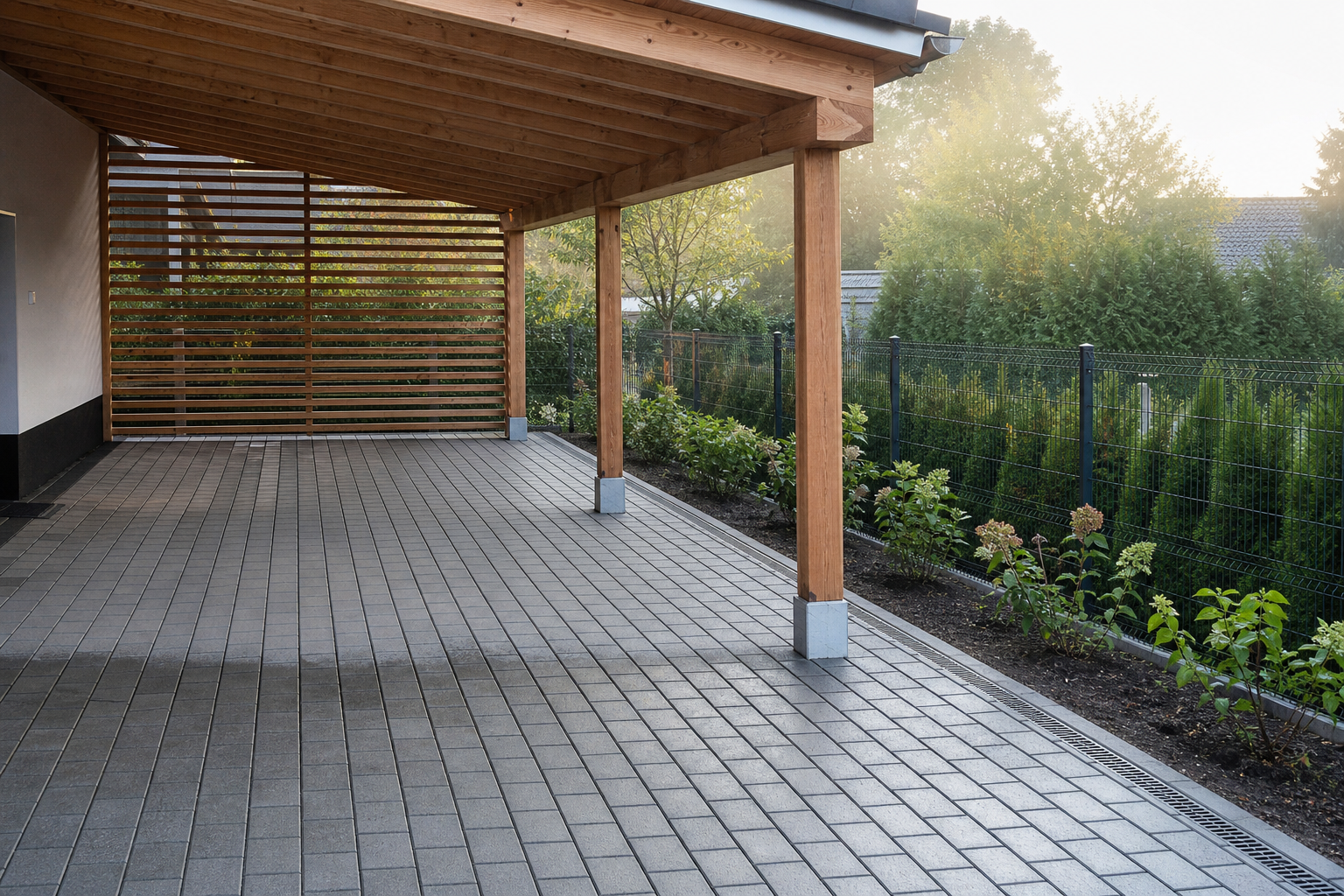 Illustrative Darstellung zum Ratgeberthema Carport pflastern: Fläche, Gefälle und Anschlüsse planen