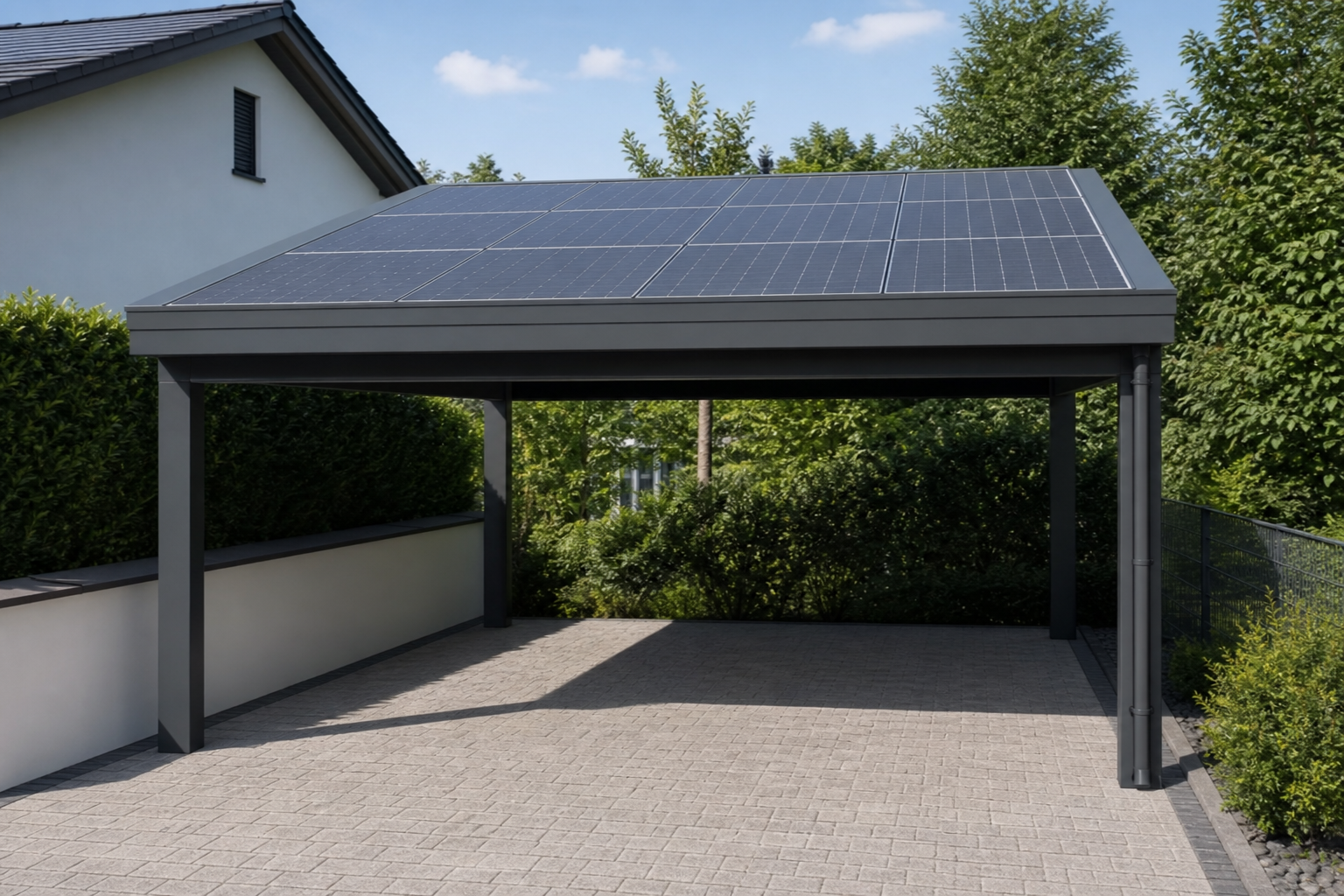 Illustrative Darstellung zum Ratgeberthema Photovoltaik auf dem Carport: Tragwerk und Elektro verbinden