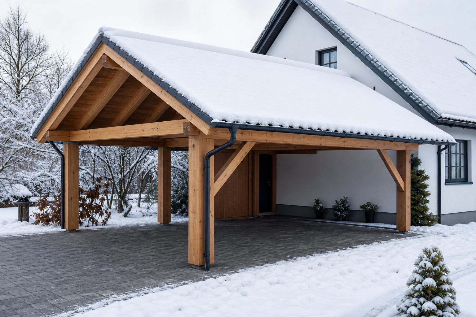 Illustrative Darstellung zum Ratgeberthema Schneelast beim Carport: Standort und Tragwerk einordnen