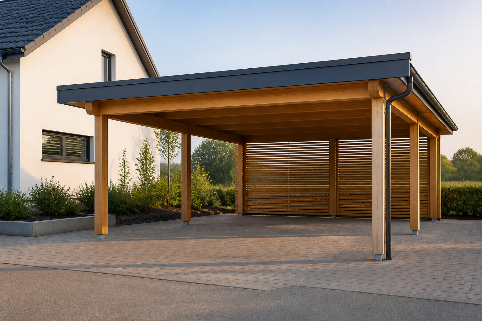 Illustrative Darstellung zum Ratgeberthema Carport planen: Bauarten, Grundstück und Angebot im Überblick