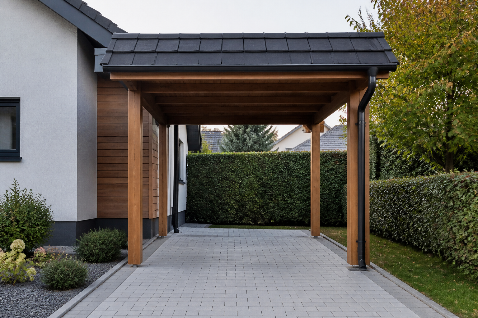 Illustrative Darstellung zum Ratgeberthema Einzelcarport planen: Maße, Stützen und Bewegungsraum