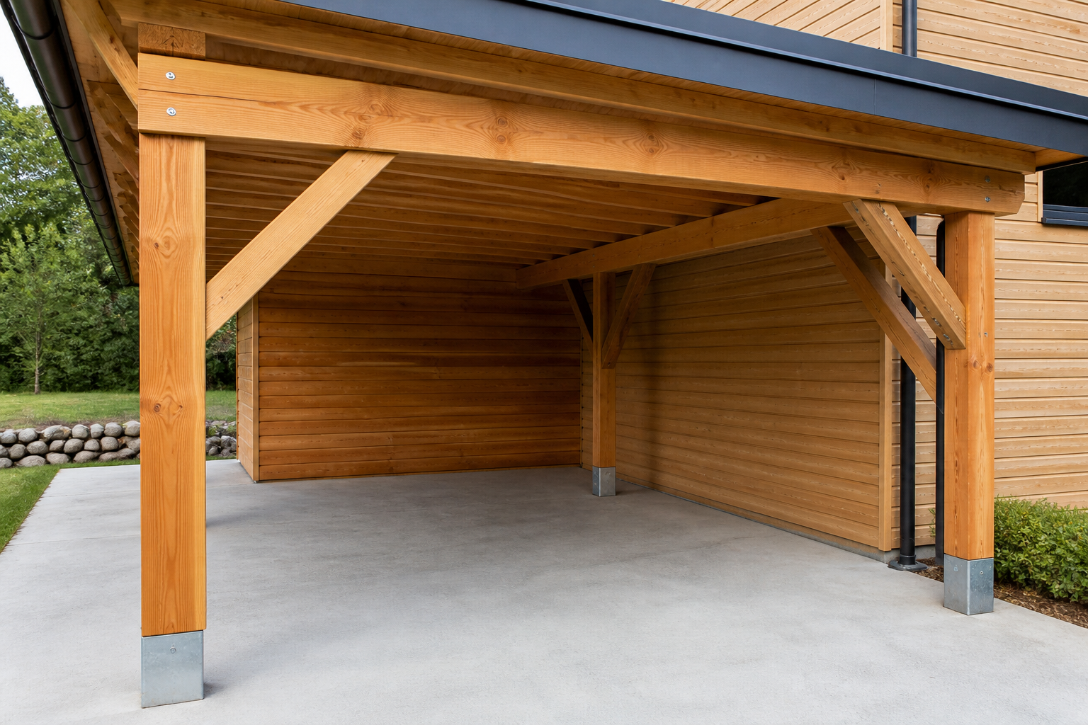 Illustrative Darstellung zum Ratgeberthema Holzcarport planen: Konstruktion, Holzschutz und Pflege