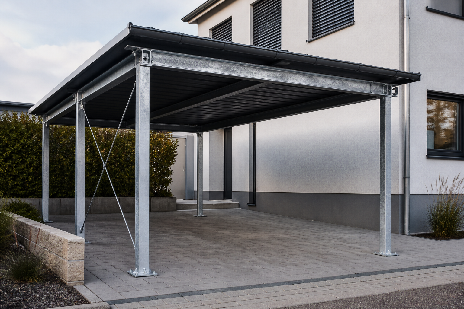Illustrative Darstellung zum Ratgeberthema Stahlcarport planen: Tragwerk, Korrosionsschutz und Montage